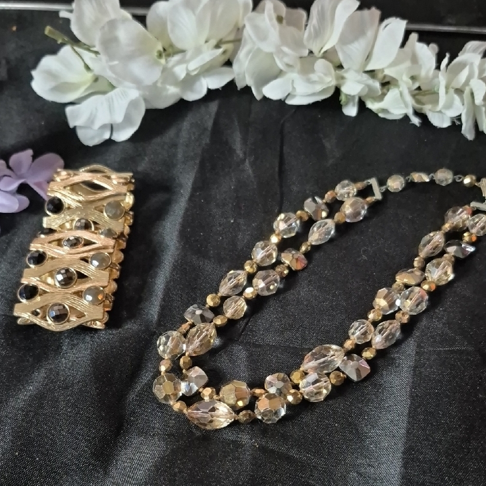 Vintage Gold-Tone Faceted Bead Necklace and Bracelet Set - Elegant Women Jewelry